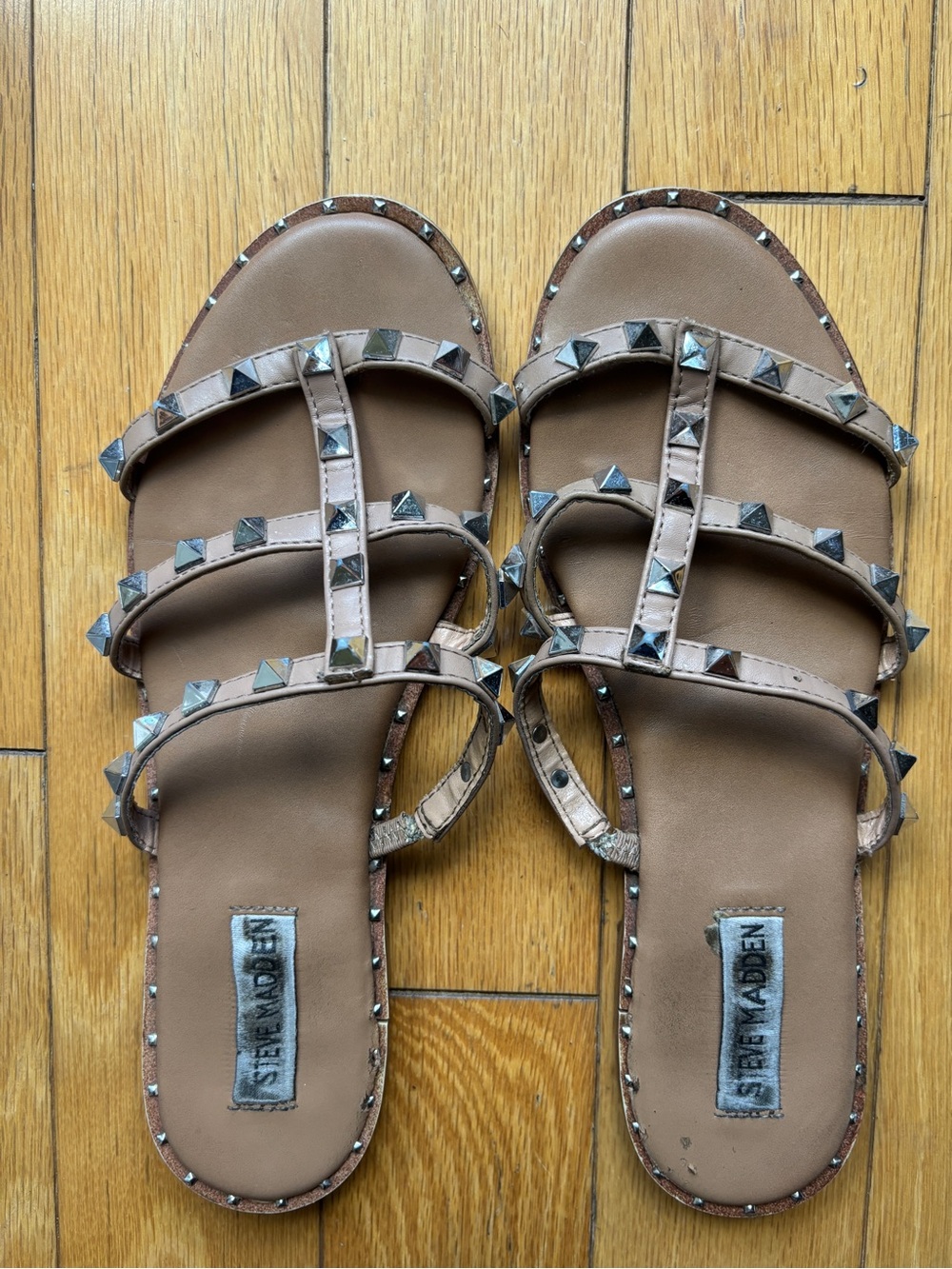 Steve Madden Tan Studded Multi-Strap Slide Sandals